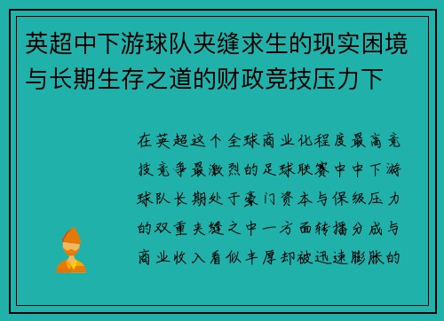 英超中下游球队夹缝求生的现实困境与长期生存之道的财政竞技压力下